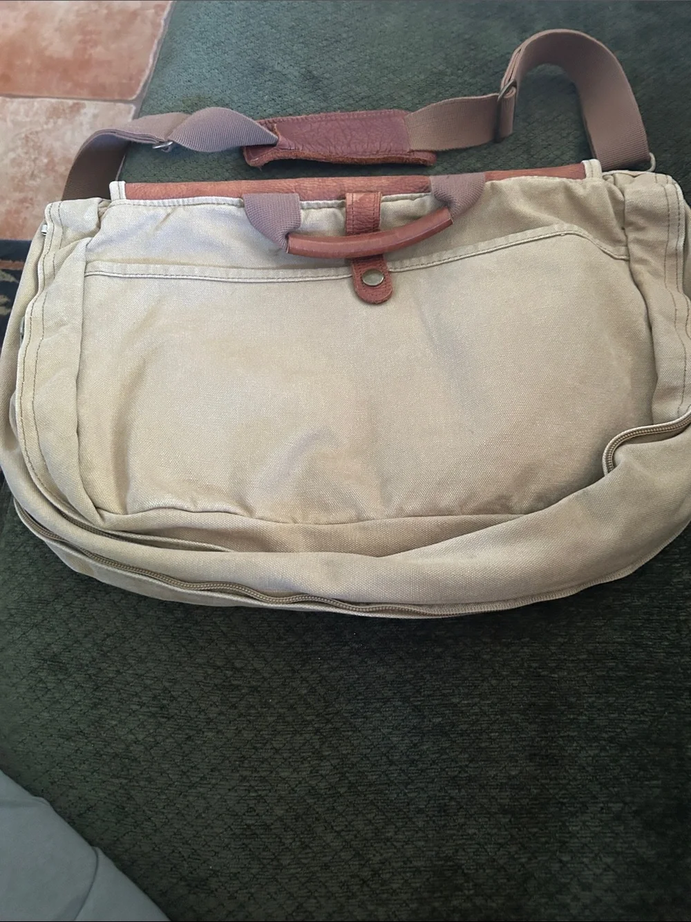 The Territory Ahead Beige Canvas Messenger Bag with Brown Leather Accents